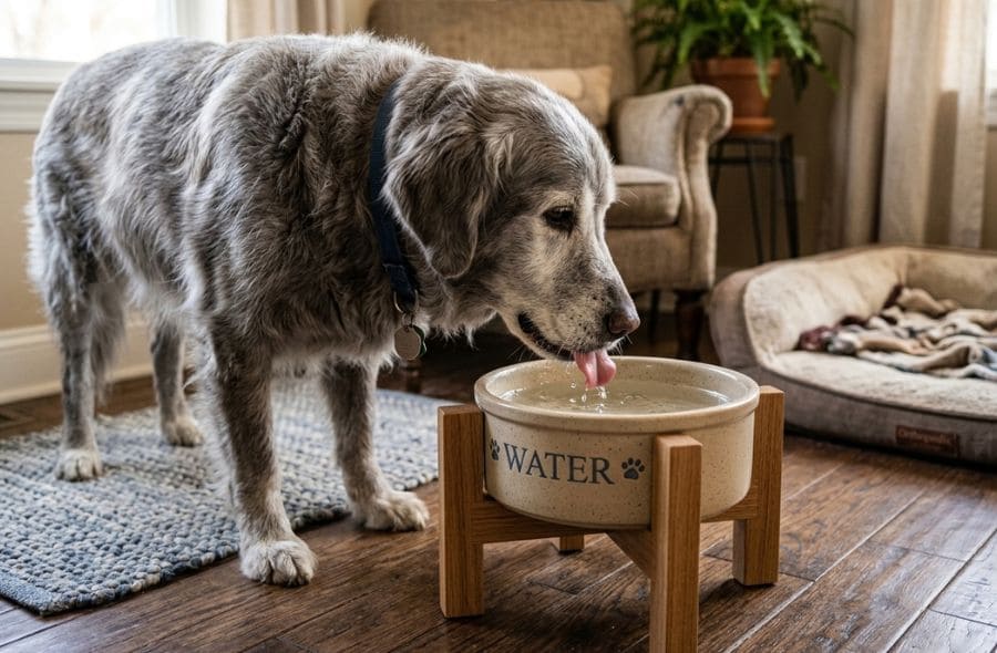 Senior dog drinking water from a bowl, a common early sign of kidney disease in senior dogs