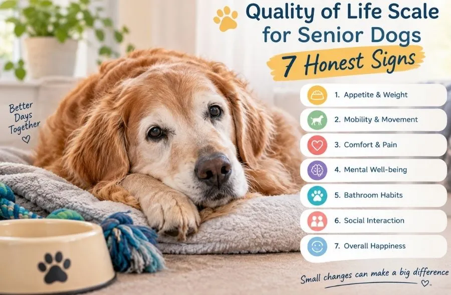 A compassionate senior golden retriever resting comfortably at home, representing the quality of life scale for senior dogs evaluation.