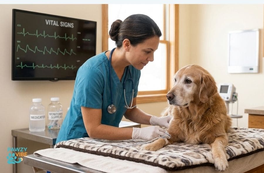 Veterinarian preparing a senior dog for anesthesia, addressing safety concerns for anesthesia in senior dogs